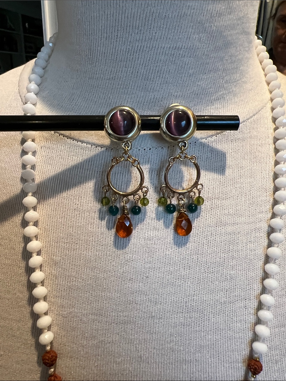 Gold-Tone Dangle Clip Earrings with Purple Cabochon and Amber Drops